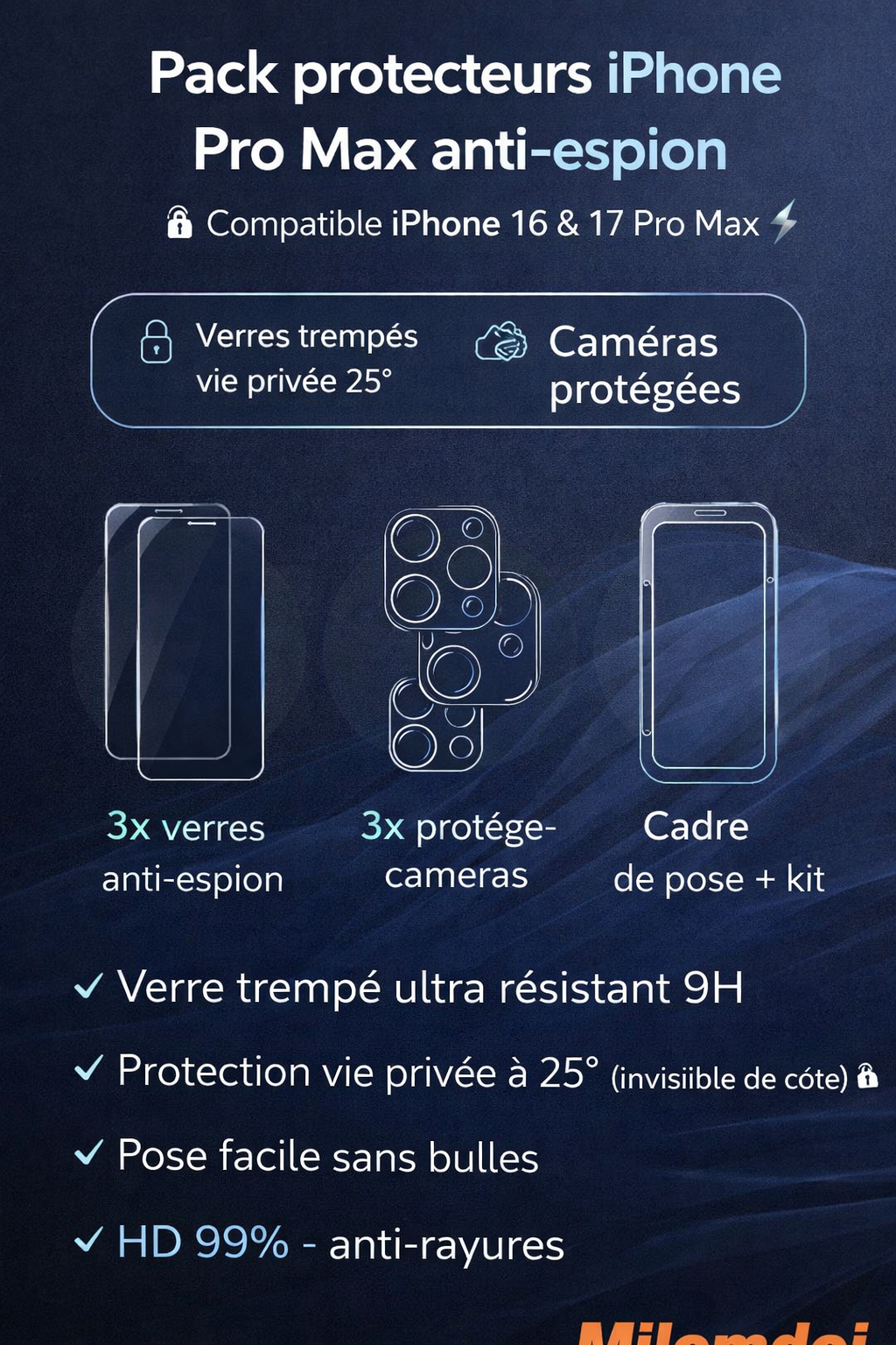 Pack 3 verres trempés iPhone 17 Pro Max anti espion + caméra – Compatible 16 Pro Max