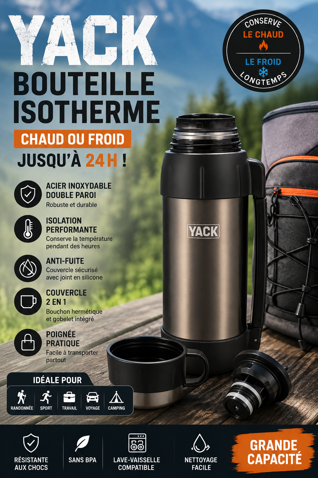 Bouteille Isotherme YACK – Acier Inoxydable Double Paroi 🧊☕🔥
