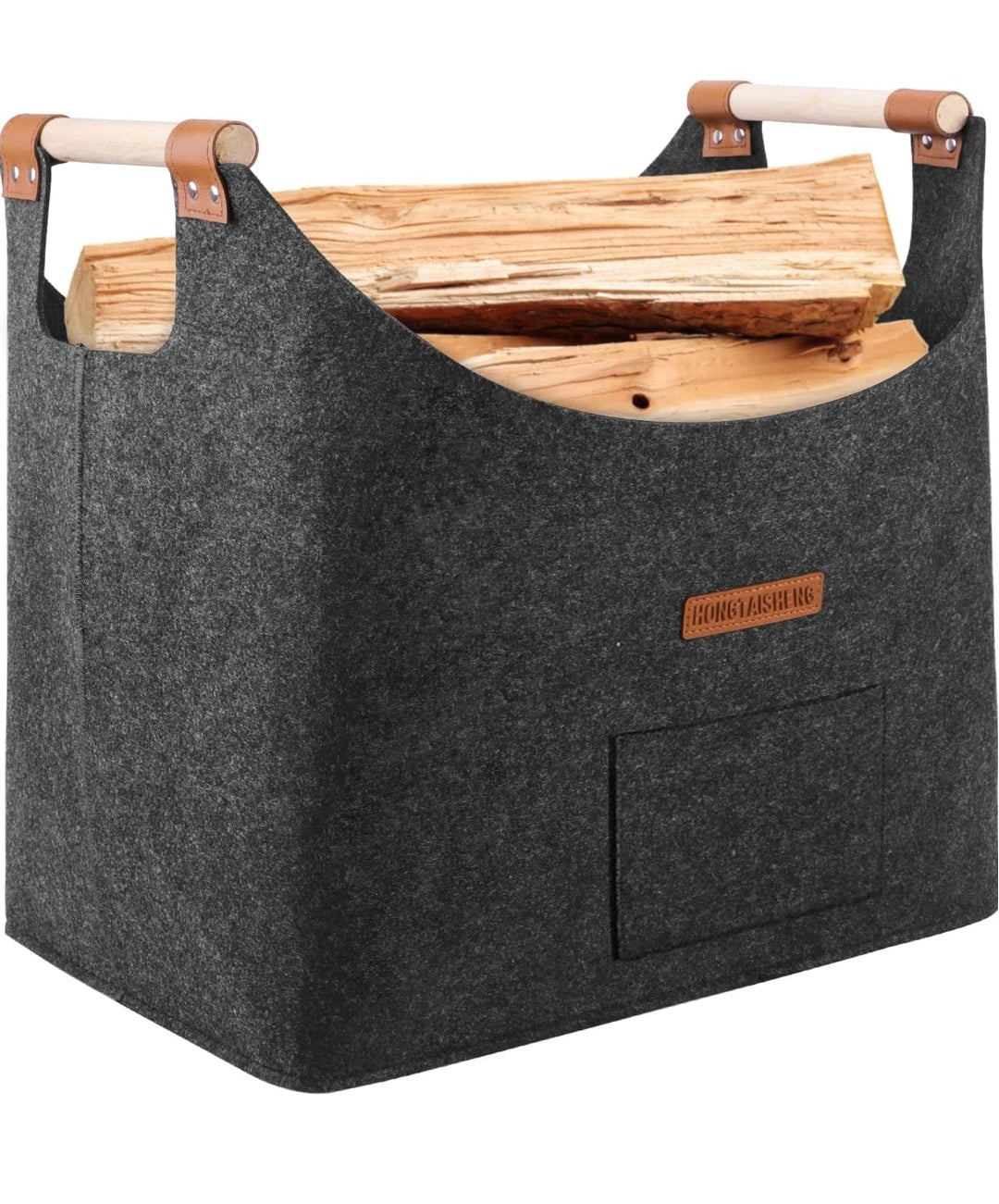 Panier à bûches en feutre 60L 🪵 – Ultra résistant & design – POIGNÉES BOIS PREMIUM – PRIX CHOC