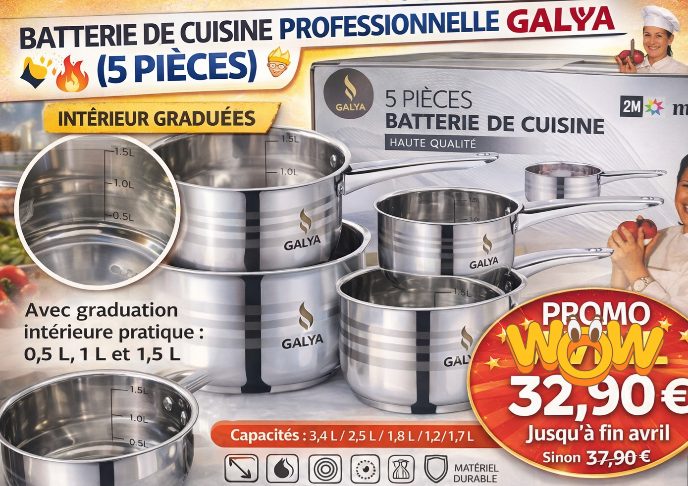 Lot 5 Casseroles Inox Professionnelles