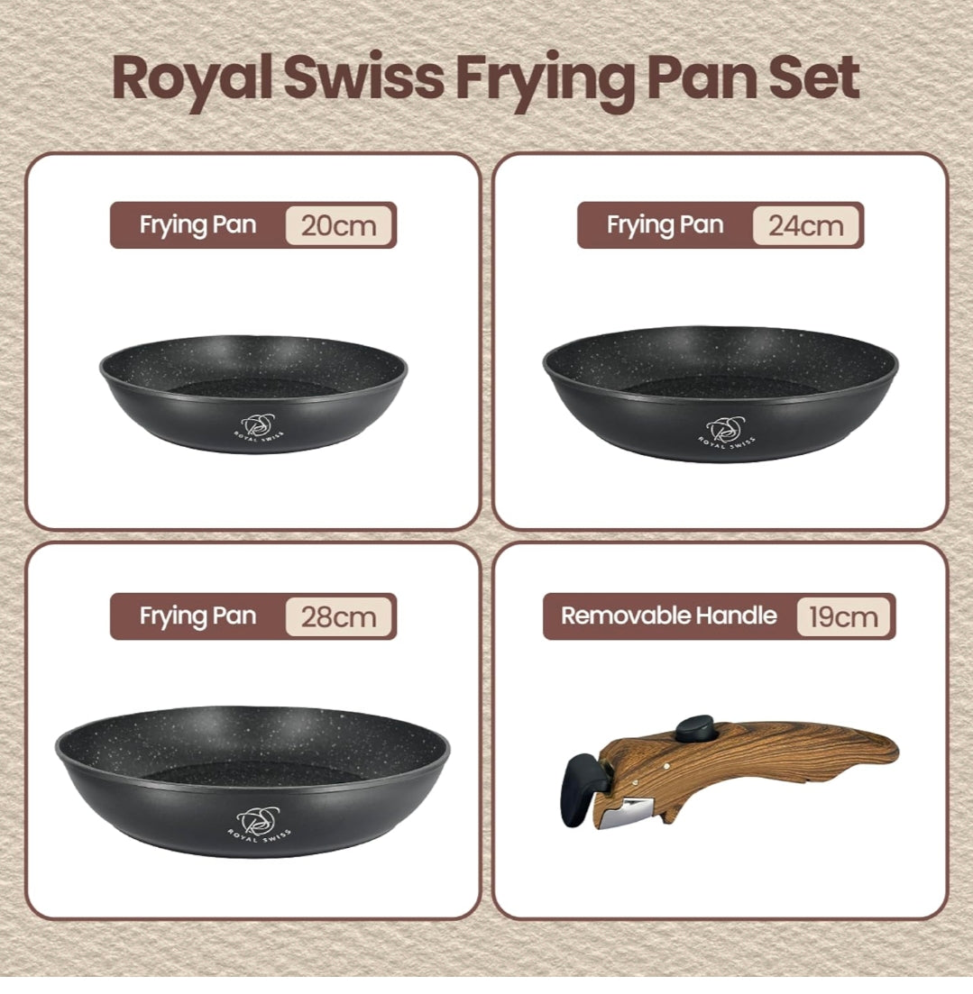 Lot de 3 Poêles Royal Swiss avec Manche Amovible – Tous Feux dont Induction 🍳