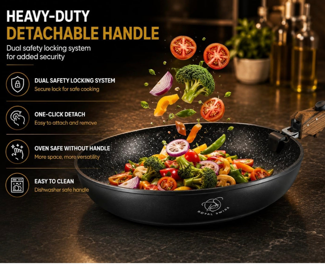 Lot de 3 Poêles Royal Swiss avec Manche Amovible – Tous Feux dont Induction 🍳