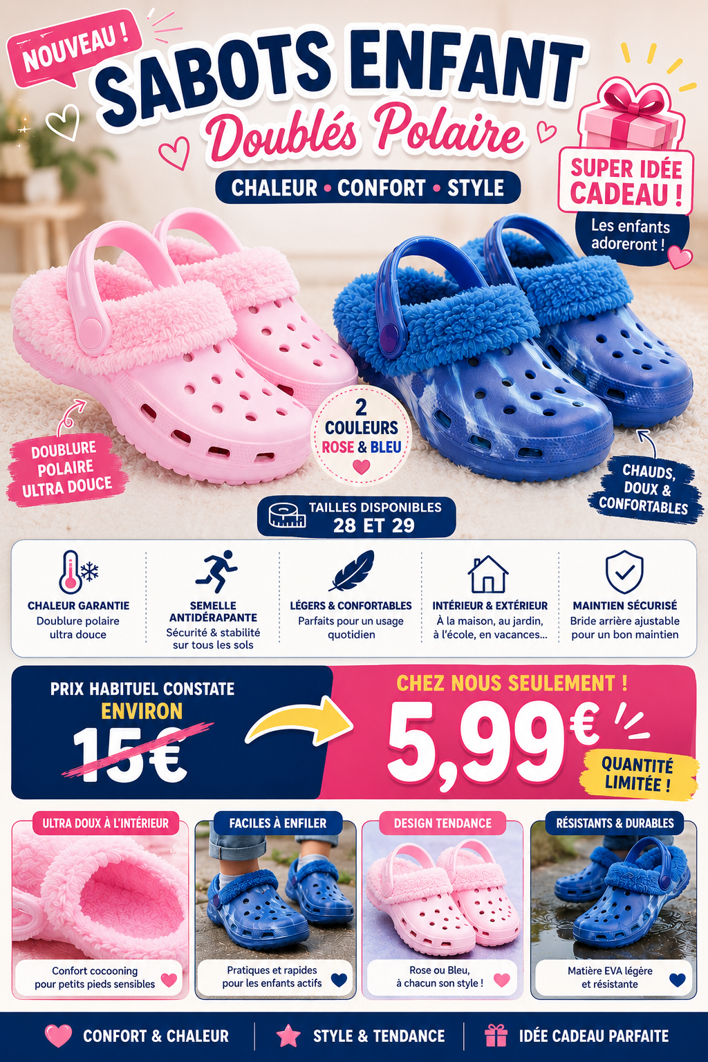 Sabots Enfant Doublés Polaire – Ultra Confort & Pieds Bien Au Chaud ❄️👣
