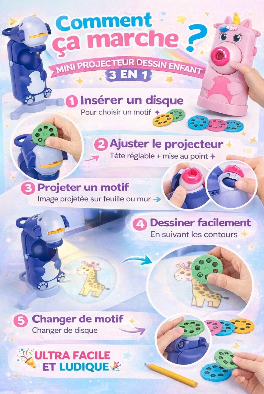 Mini Projecteur Dessin Enfant 3-en-1