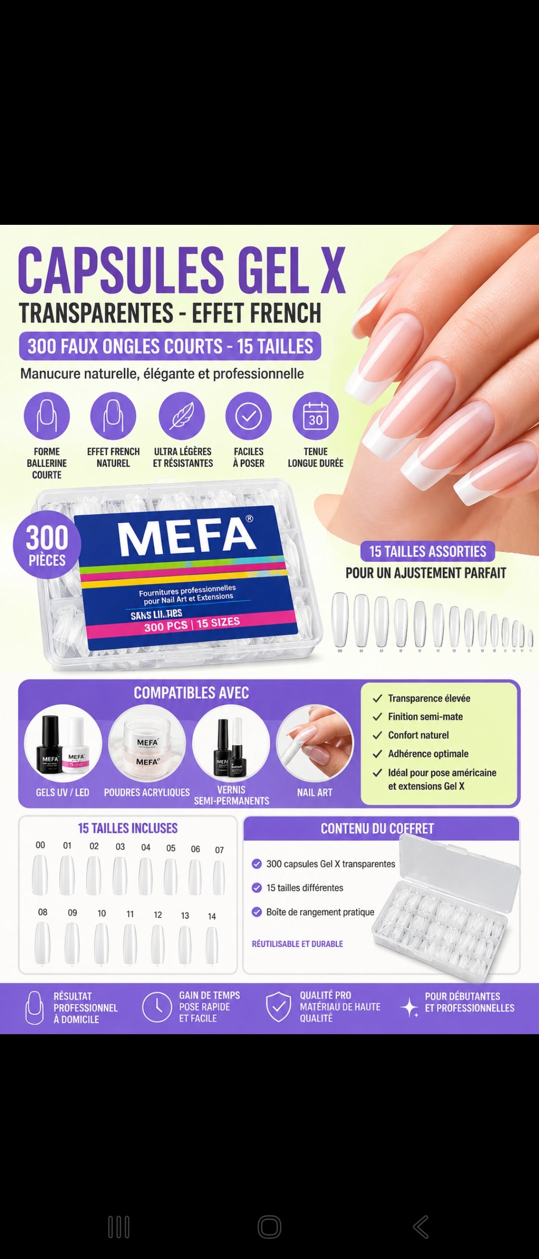 Capsules Gel X Transparentes – 300 Faux Ongles Américains Courts French – 15 Tailles