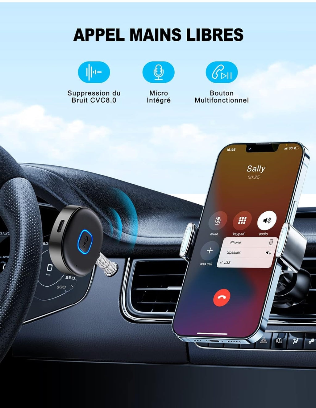 Récepteur Bluetooth 5.3 AUX Voiture – Appels Mains Libres & Audio HD 🚗