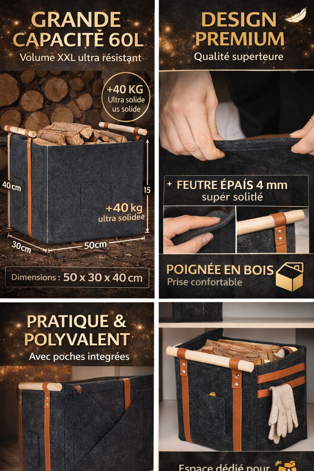 Panier à bûches en feutre 60L 🪵 – Ultra résistant & design – POIGNÉES BOIS PREMIUM – PRIX CHOC