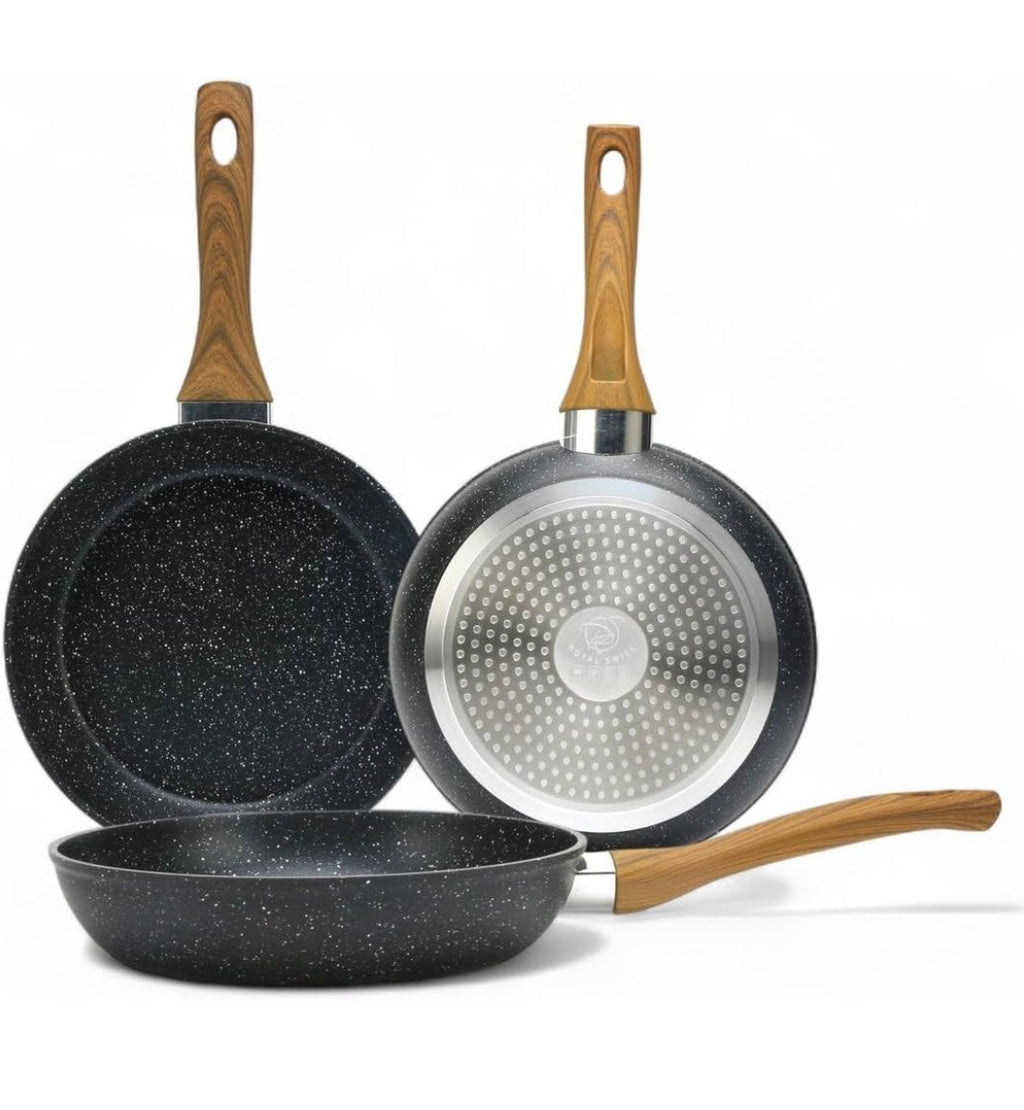 🍳 Lot de 3 Poêles Royal Swiss Antiadhésives – Induction – Beige Effet Pierre – Neuf 🍳