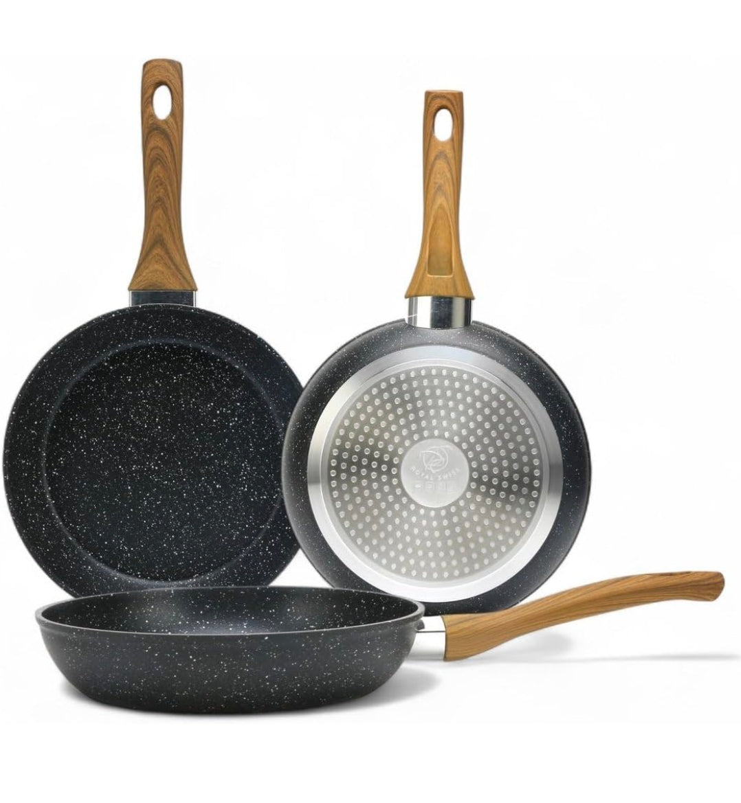 🍳 Lot de 3 Poêles Royal Swiss Antiadhésives – Induction – Beige Effet Pierre – Neuf 🍳