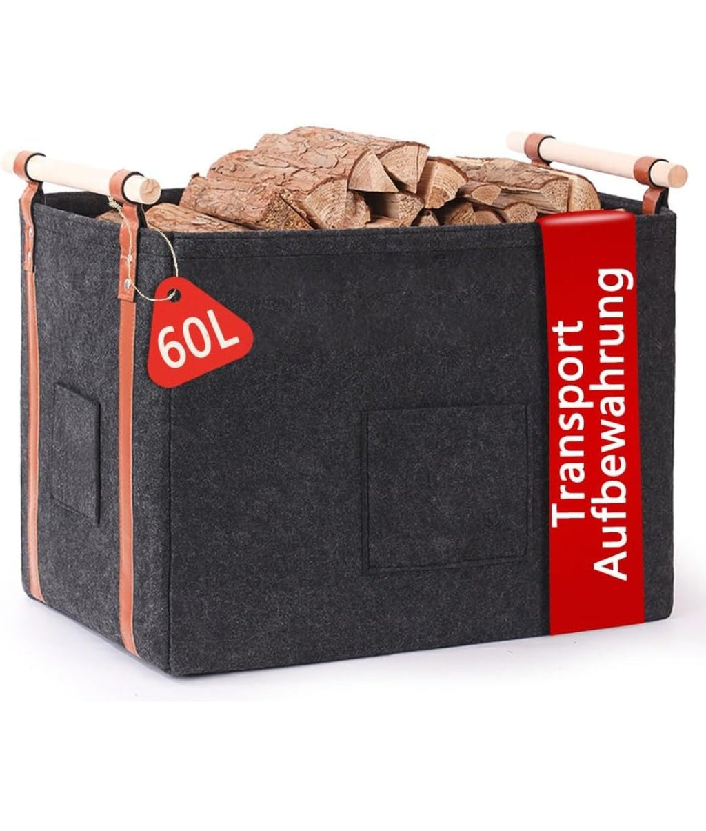 Panier à bûches en feutre 60L 🪵 – Ultra résistant & design – POIGNÉES BOIS PREMIUM – PRIX CHOC