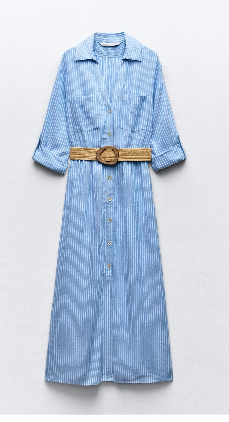 Robe Chemise Longue Femme Zara Rayée Bleu & Blanc avec Ceinture – Style Bohème Chic Été