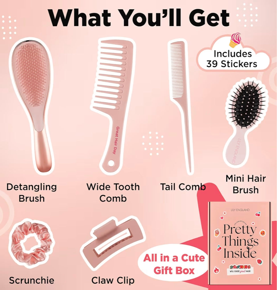 Coffret Accessoires de Coiffure Lily England – Kit Brosse et Peignes Rose Gold pour Fille & Ado