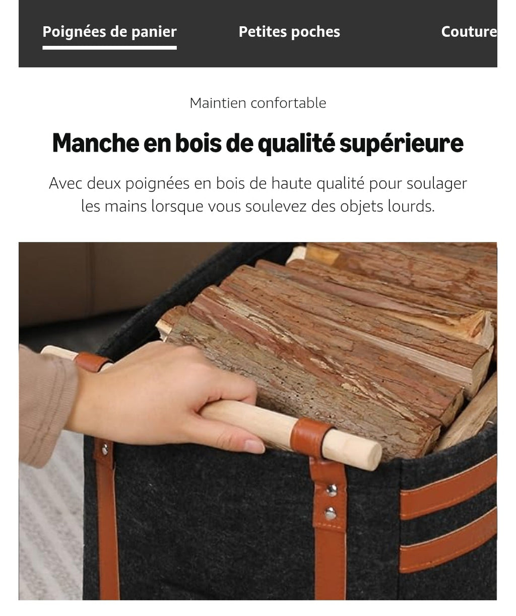 Panier à bûches en feutre 60L 🪵 – Ultra résistant & design – POIGNÉES BOIS PREMIUM – PRIX CHOC