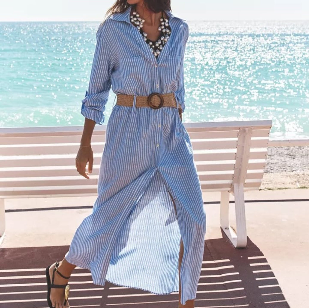 Robe Chemise Longue Femme Zara Rayée Bleu & Blanc avec Ceinture – Style Bohème Chic Été