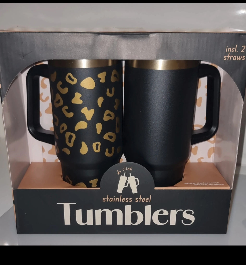 Set de 2 Tumblers isothermes en acier inoxydable avec poignée et paille
