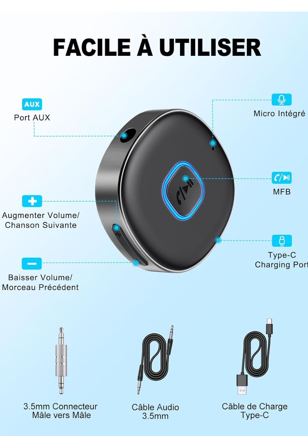 Récepteur Bluetooth 5.3 AUX Voiture – Appels Mains Libres & Audio HD 🚗