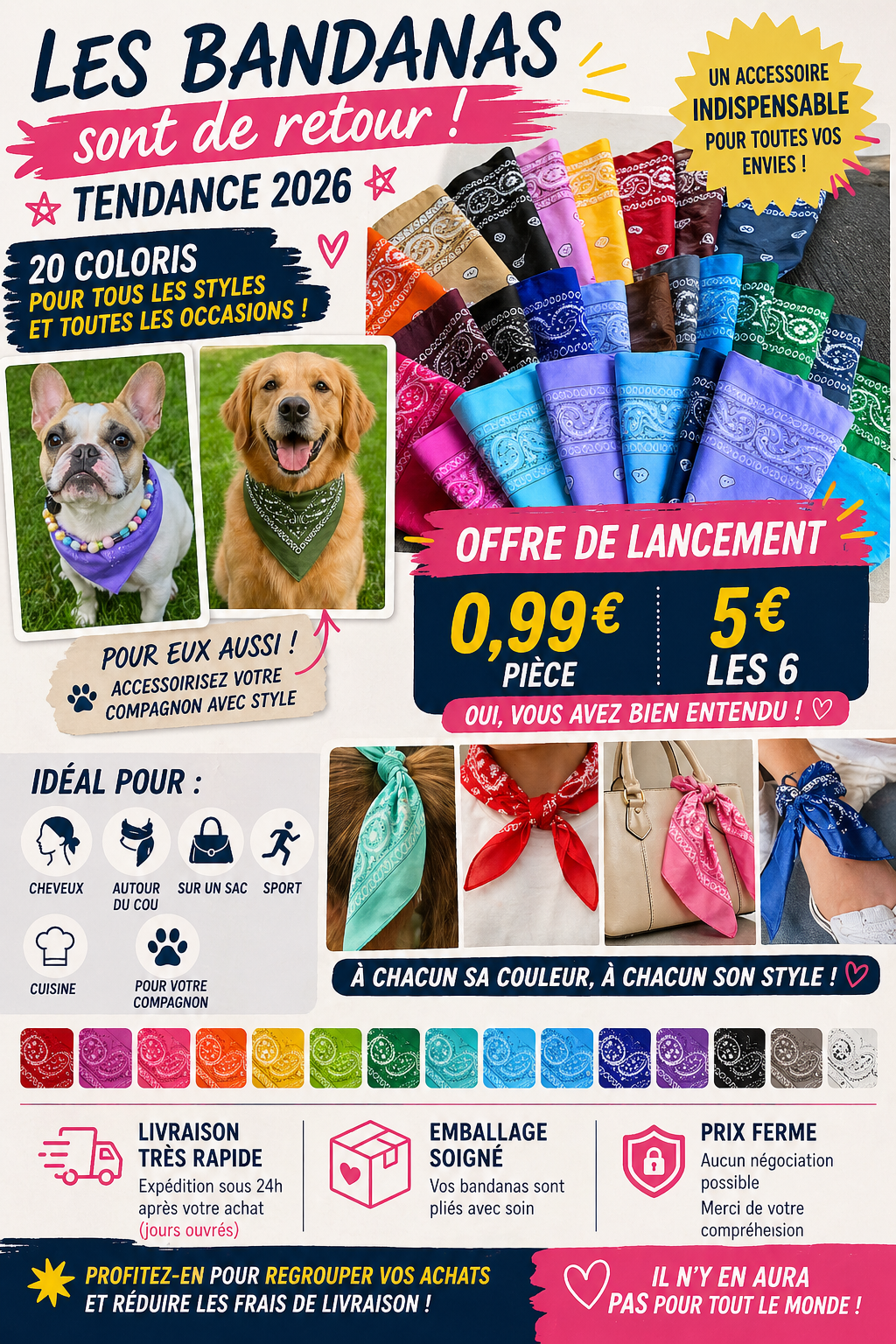 Bandanas Tendance – 20 Coloris