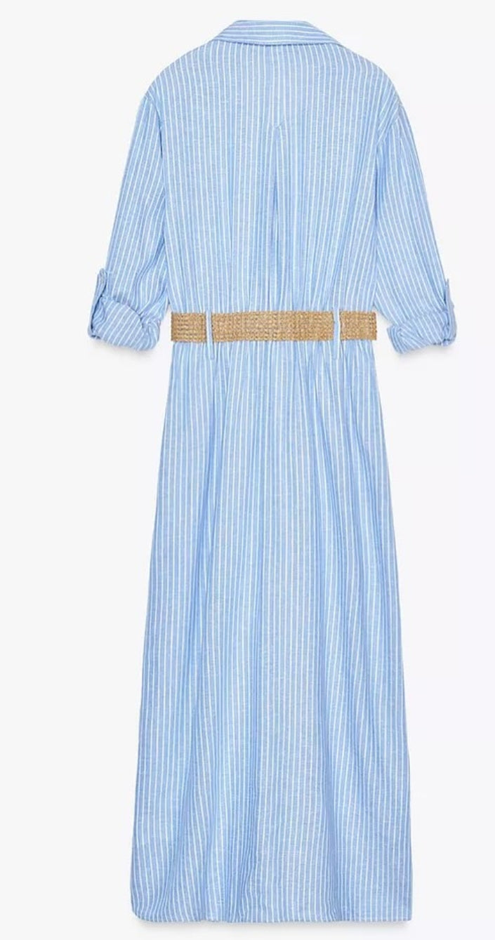 Robe Chemise Longue Femme Zara Rayée Bleu & Blanc avec Ceinture – Style Bohème Chic Été