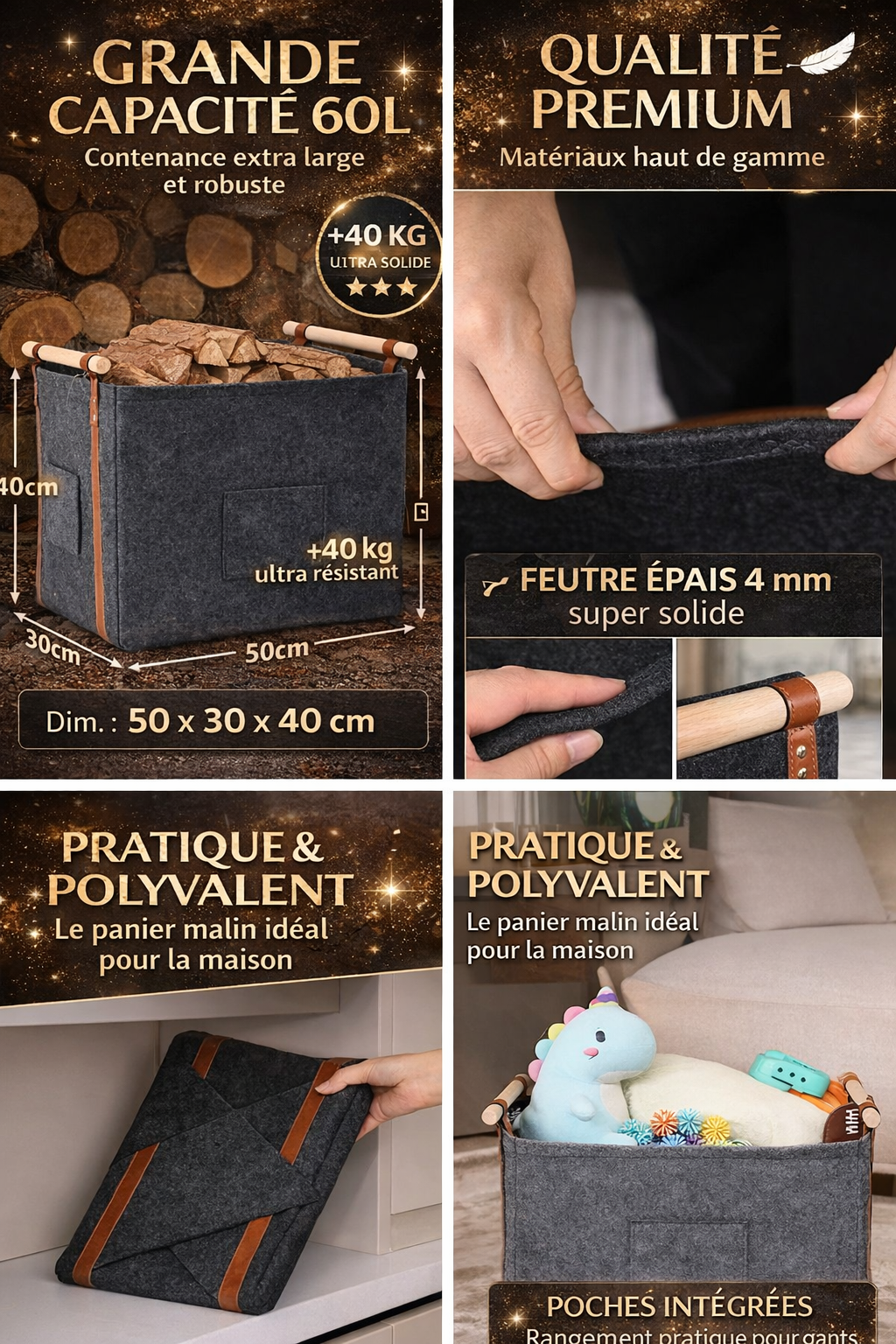 Panier à bûches en feutre 60L 🪵 – Ultra résistant & design – POIGNÉES BOIS PREMIUM – PRIX CHOC
