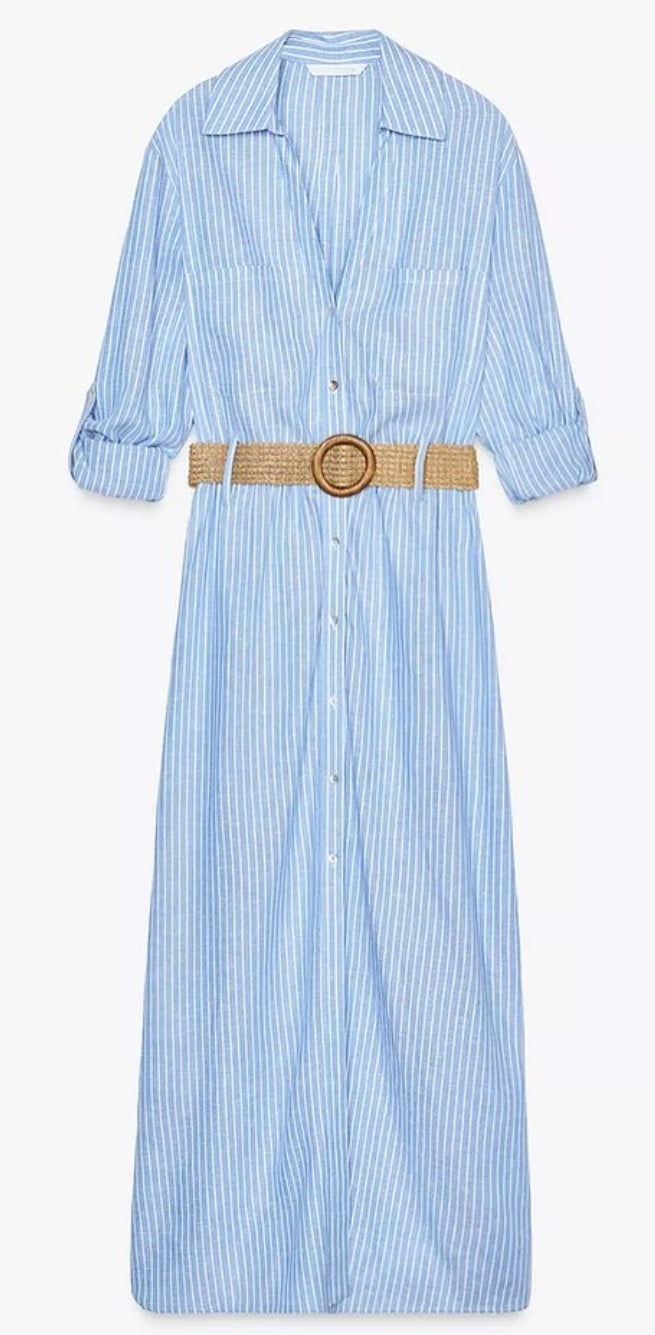 Robe Chemise Longue Femme Zara Rayée Bleu & Blanc avec Ceinture – Style Bohème Chic Été