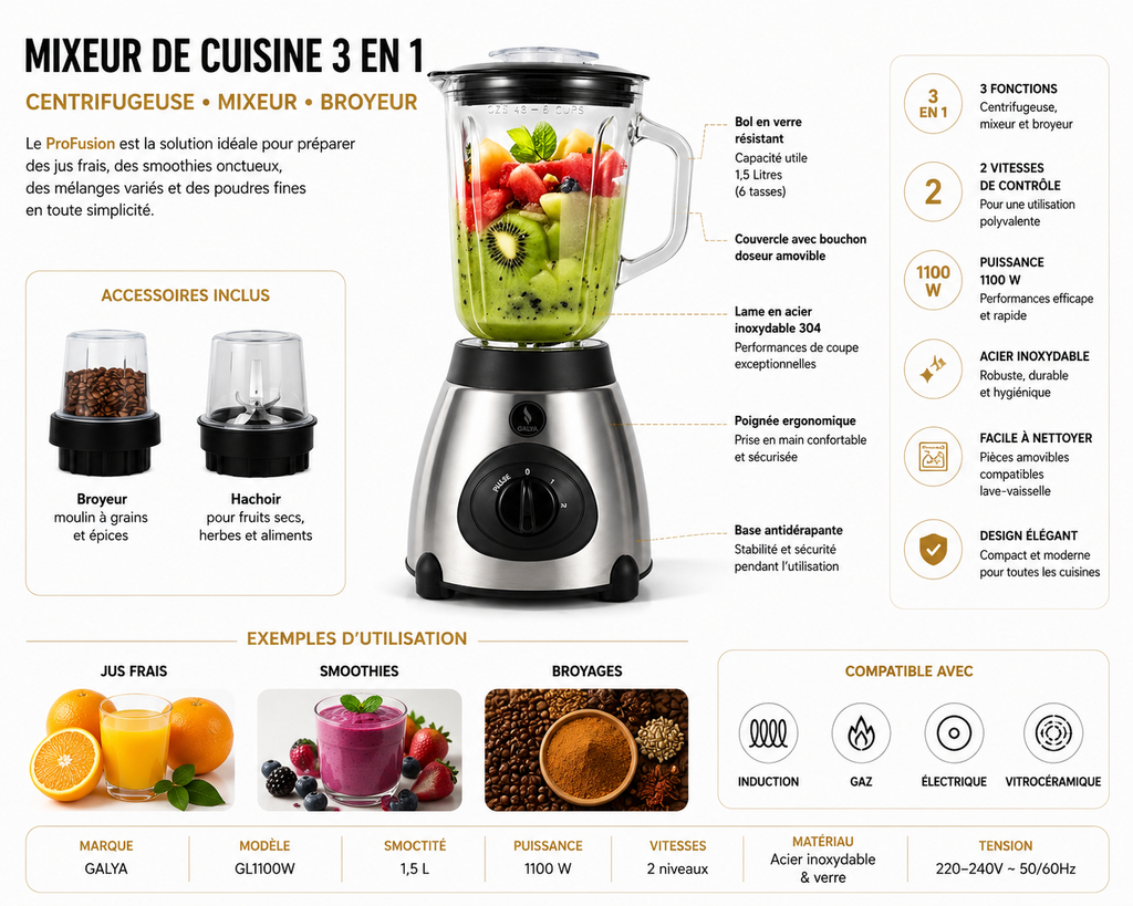 Mixeur de Cuisine 3 en 1 ProFusion – Blender, Centrifugeuse & Broyeur 1100W