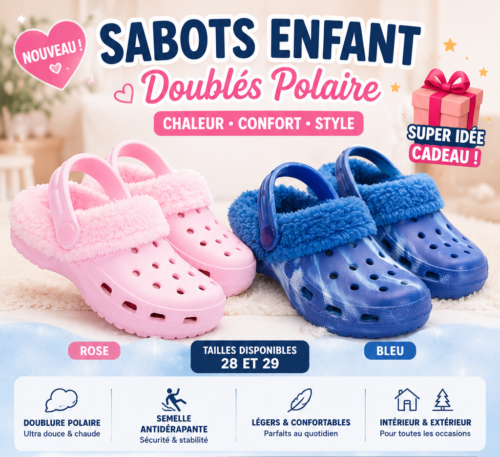 Sabots Enfant Doublés Polaire – Ultra Confort & Pieds Bien Au Chaud ❄️👣