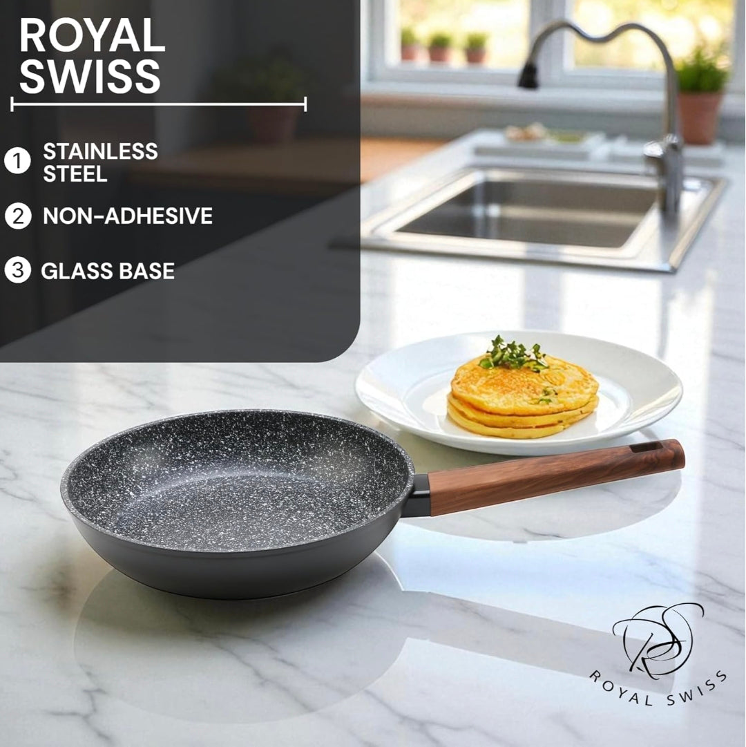 🍳 Lot de 3 Poêles Royal Swiss Antiadhésives – Induction – Beige Effet Pierre – Neuf 🍳