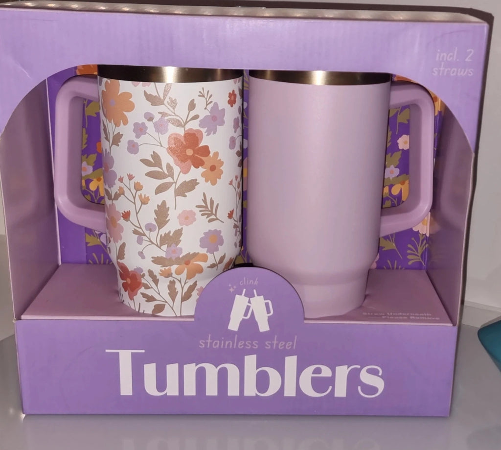 Set de 2 Tumblers isothermes en acier inoxydable avec poignée et paille