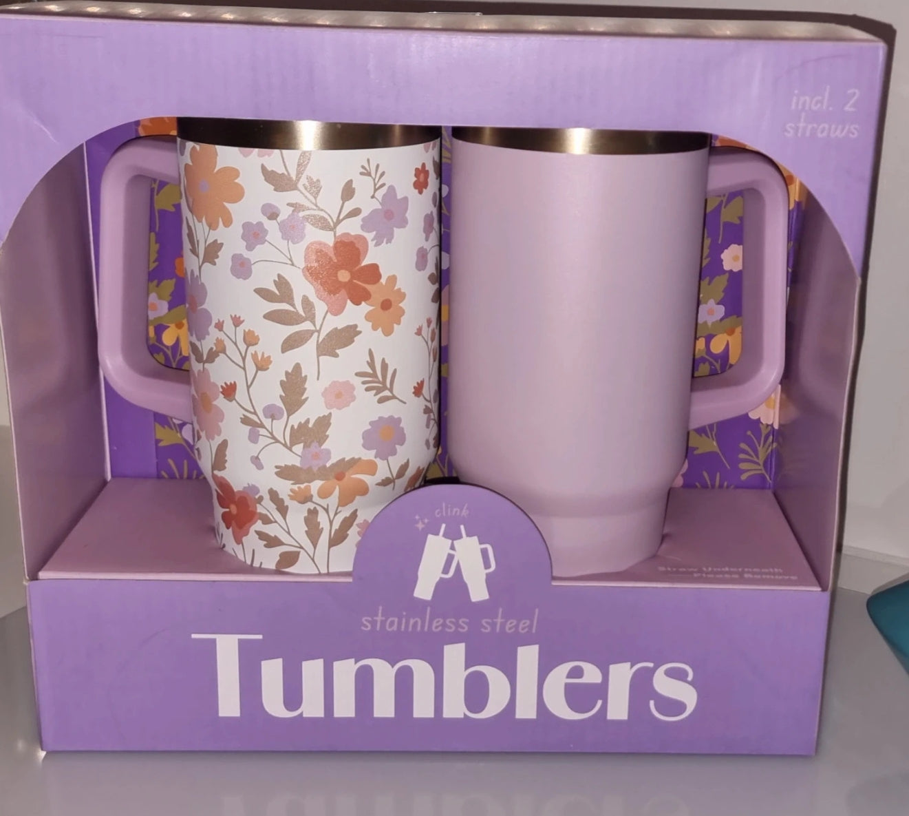 Set de 2 Tumblers isothermes en acier inoxydable avec poignée et paille