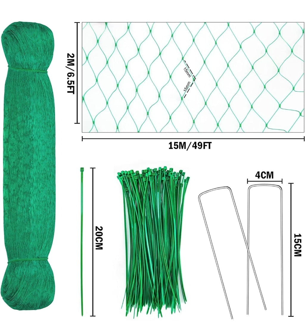 Filet Anti Oiseaux 2m x 15m , Kit de Filets pour Jardin avec 50 Attaches Et 10 Piquets, Polyvalent Filet Protection Fraisier, pour Fruits, Graines, Couverture de Bassin, Clôture de Plantes