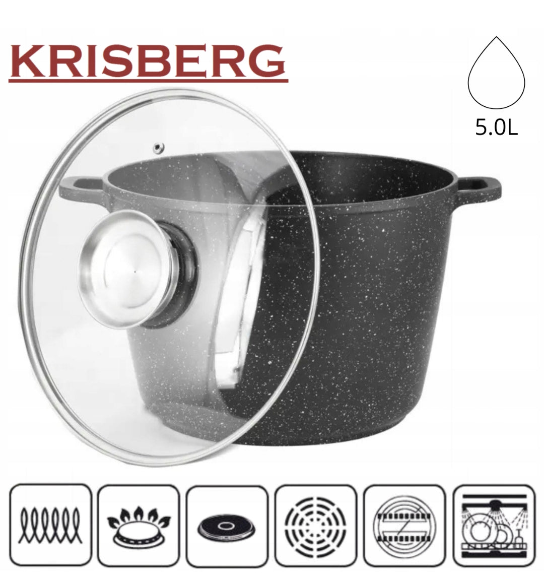 Faitout KRISBERG 5L Effet Marbre – Tous Feux dont Induction – Avec Couvercle Aroma Knob 🍲