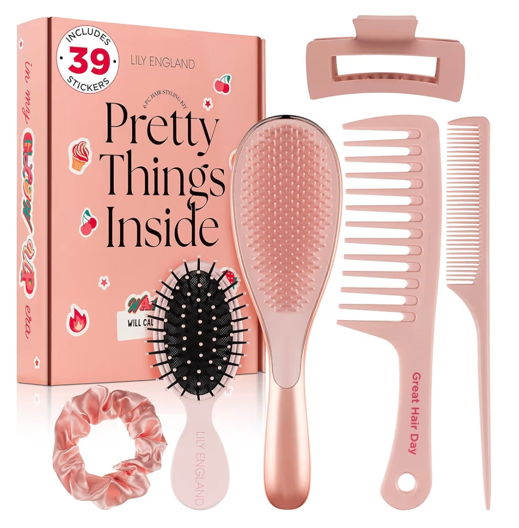 Coffret Accessoires de Coiffure Lily England – Kit Brosse et Peignes Rose Gold pour Fille & Ado