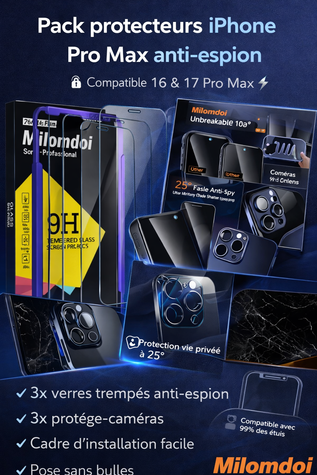 Pack 3 verres trempés iPhone 17 Pro Max anti espion + caméra – Compatible 16 Pro Max