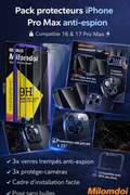 Pack 3 verres trempés iPhone 17 Pro Max anti espion + caméra – Compatible 16 Pro Max