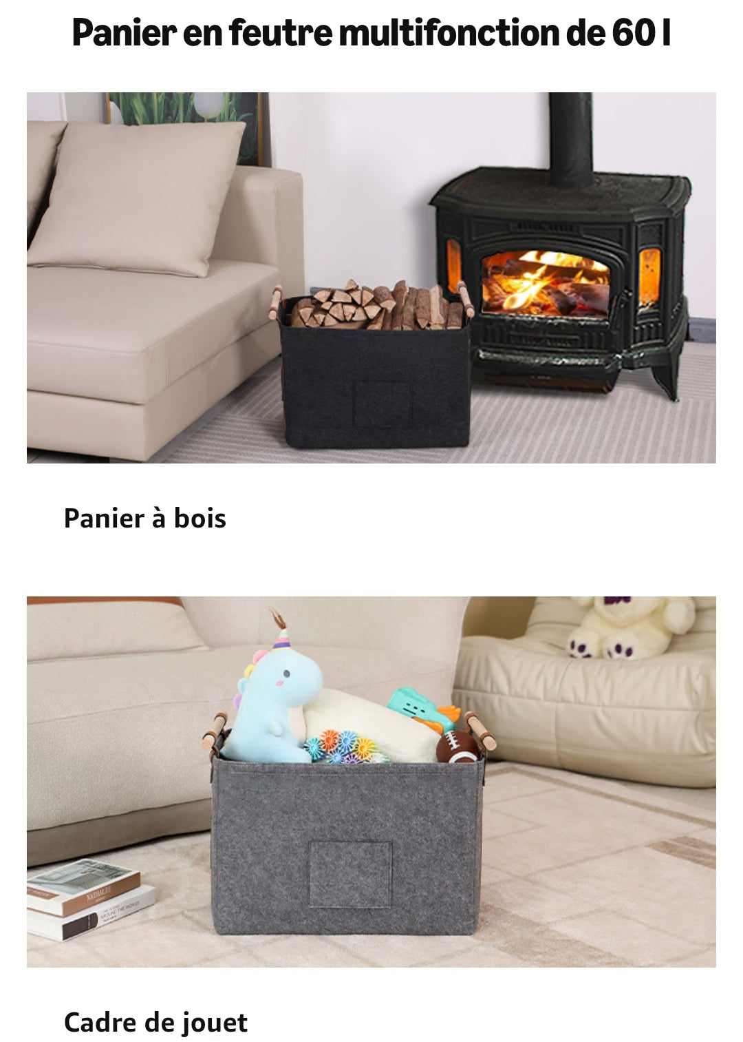 Panier à bûches en feutre 60L 🪵 – Ultra résistant & design – POIGNÉES BOIS PREMIUM – PRIX CHOC