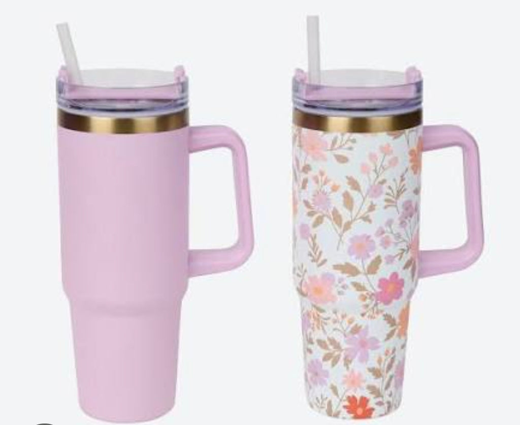 Set de 2 Tumblers isothermes en acier inoxydable avec poignée et paille