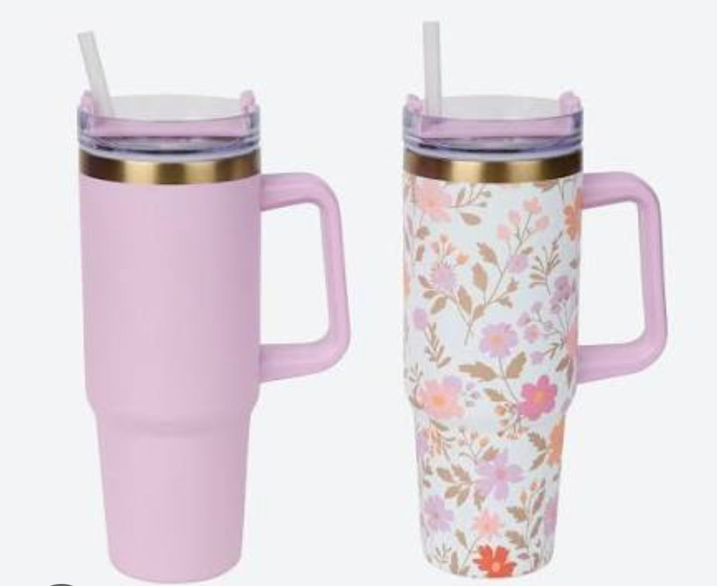 Set de 2 Tumblers isothermes en acier inoxydable avec poignée et paille