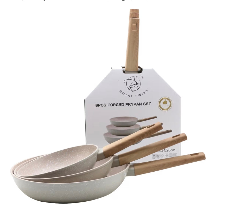 🍳 Lot de 3 Poêles Royal Swiss Antiadhésives – Induction – Beige Effet Pierre – Neuf 🍳