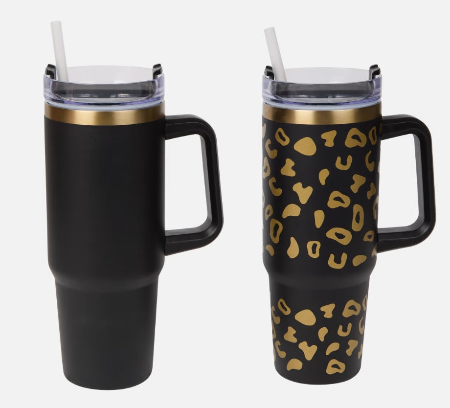 Set de 2 Tumblers isothermes en acier inoxydable avec poignée et paille