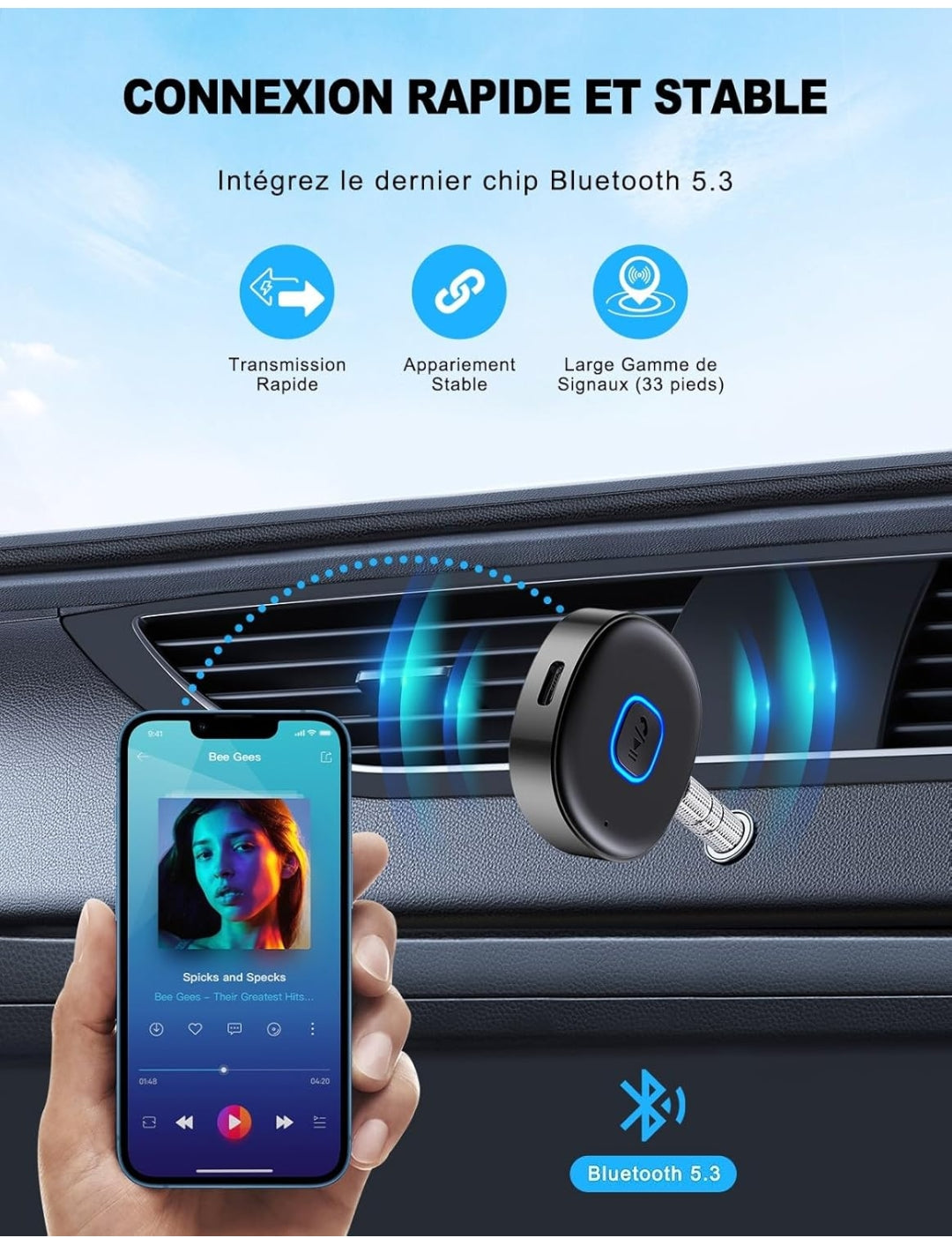 Récepteur Bluetooth 5.3 AUX Voiture – Appels Mains Libres & Audio HD 🚗