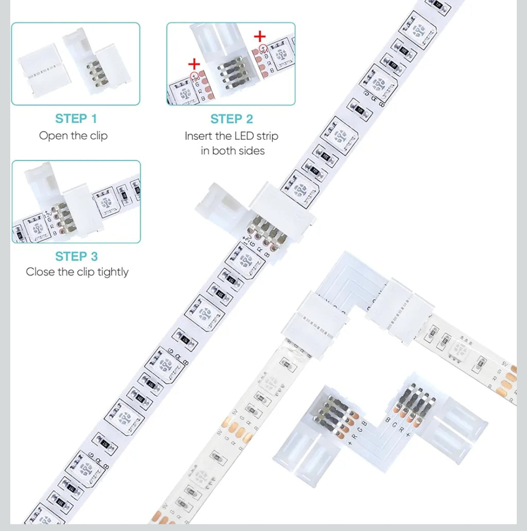 Kit Connecteurs Ruban LED RGB 4 Pins – Rallonges, Angles 90° et Clips de Fixation