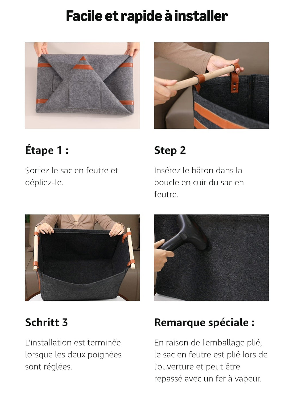 Panier à bûches en feutre 60L 🪵 – Ultra résistant & design – POIGNÉES BOIS PREMIUM – PRIX CHOC