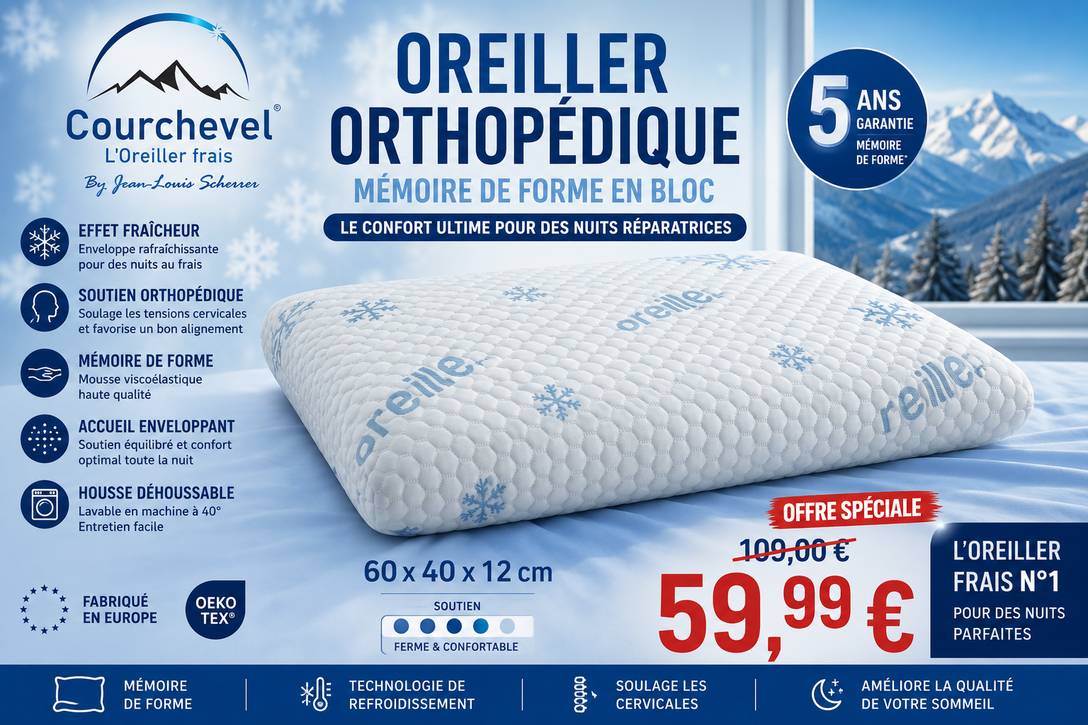 🛏️ OREILLER COURCHEVEL FRAIS – MÉMOIRE DE FORME PREMIUM ❄️