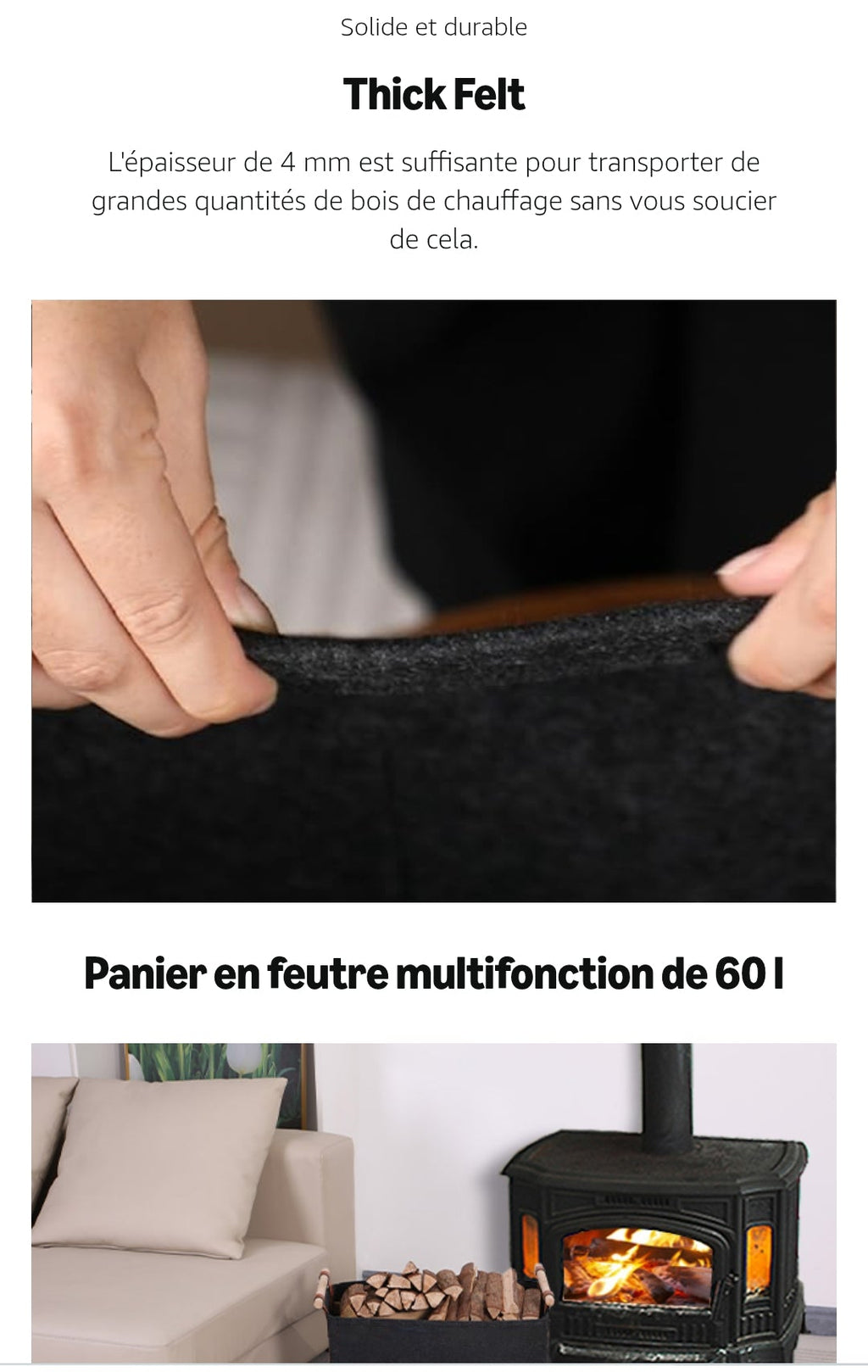 Panier à bûches en feutre 60L 🪵 – Ultra résistant & design – POIGNÉES BOIS PREMIUM – PRIX CHOC
