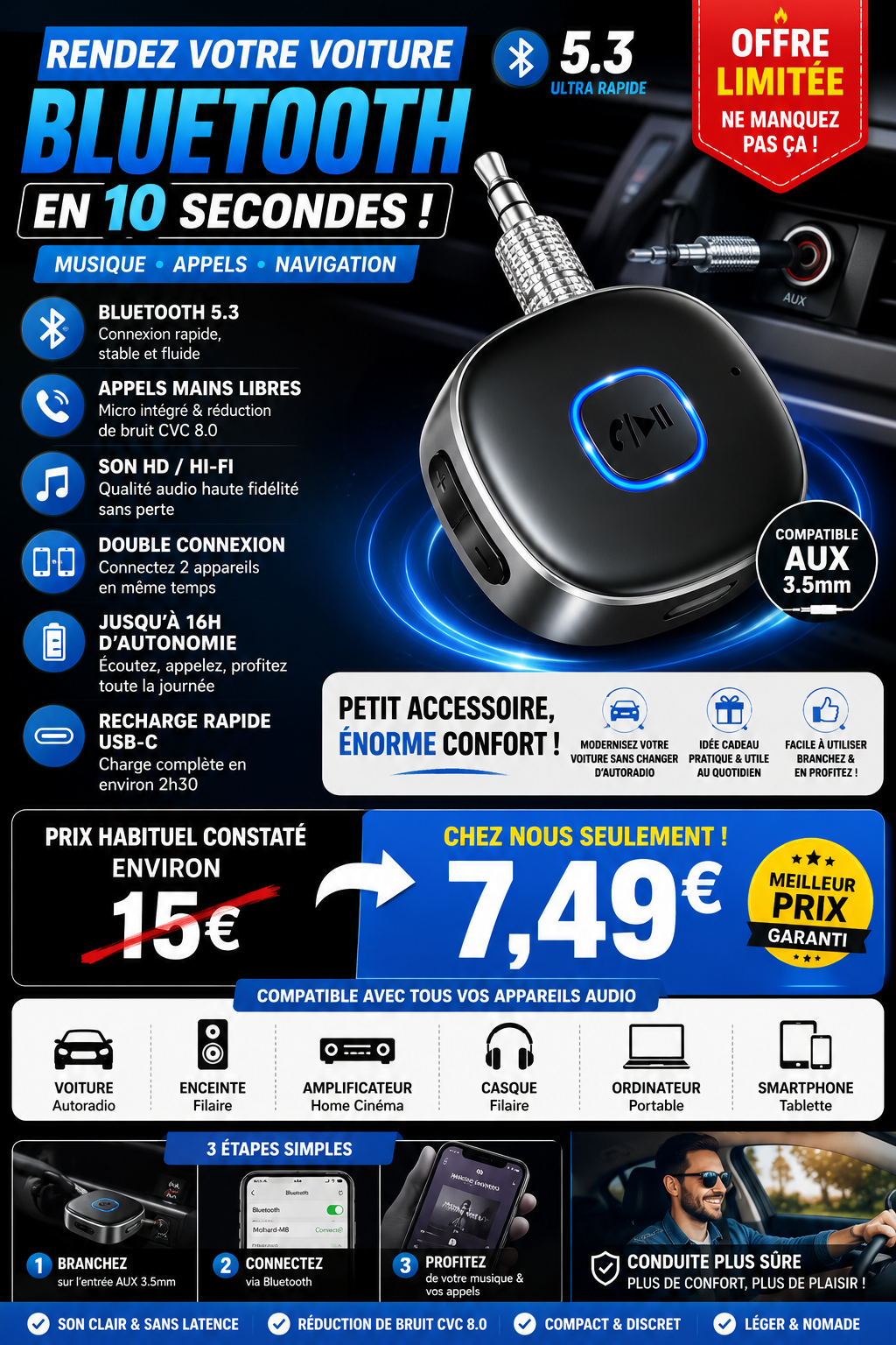 Récepteur Bluetooth 5.3 AUX Voiture – Appels Mains Libres & Audio HD 🚗
