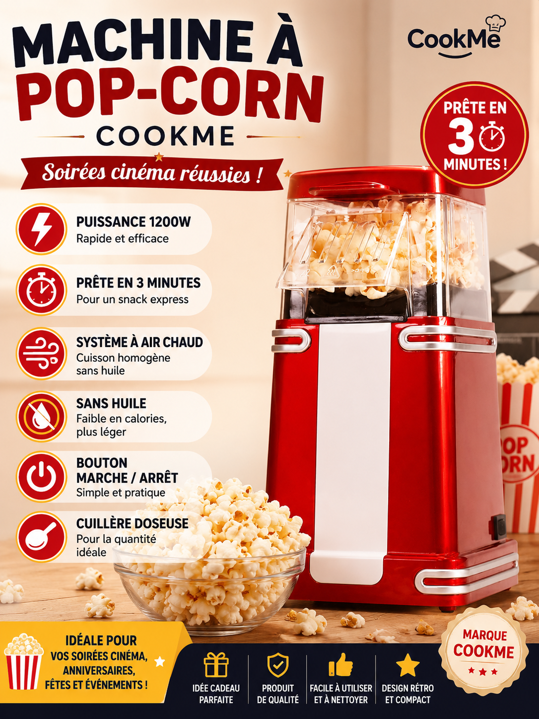 🍿 Machine à Pop-Corn CookMe – Rouge Vintage – 1200W 🍿