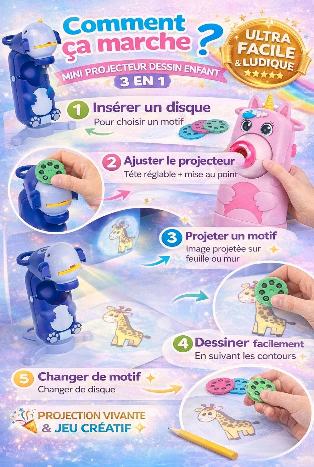Mini Projecteur Dessin Enfant 3-en-1