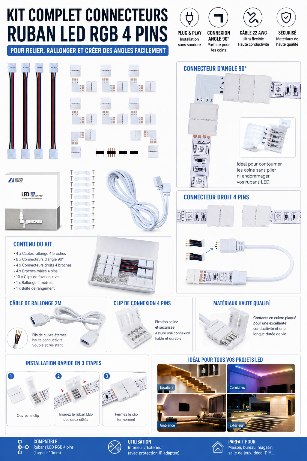 Kit Connecteurs Ruban LED RGB 4 Pins – Rallonges, Angles 90° et Clips de Fixation