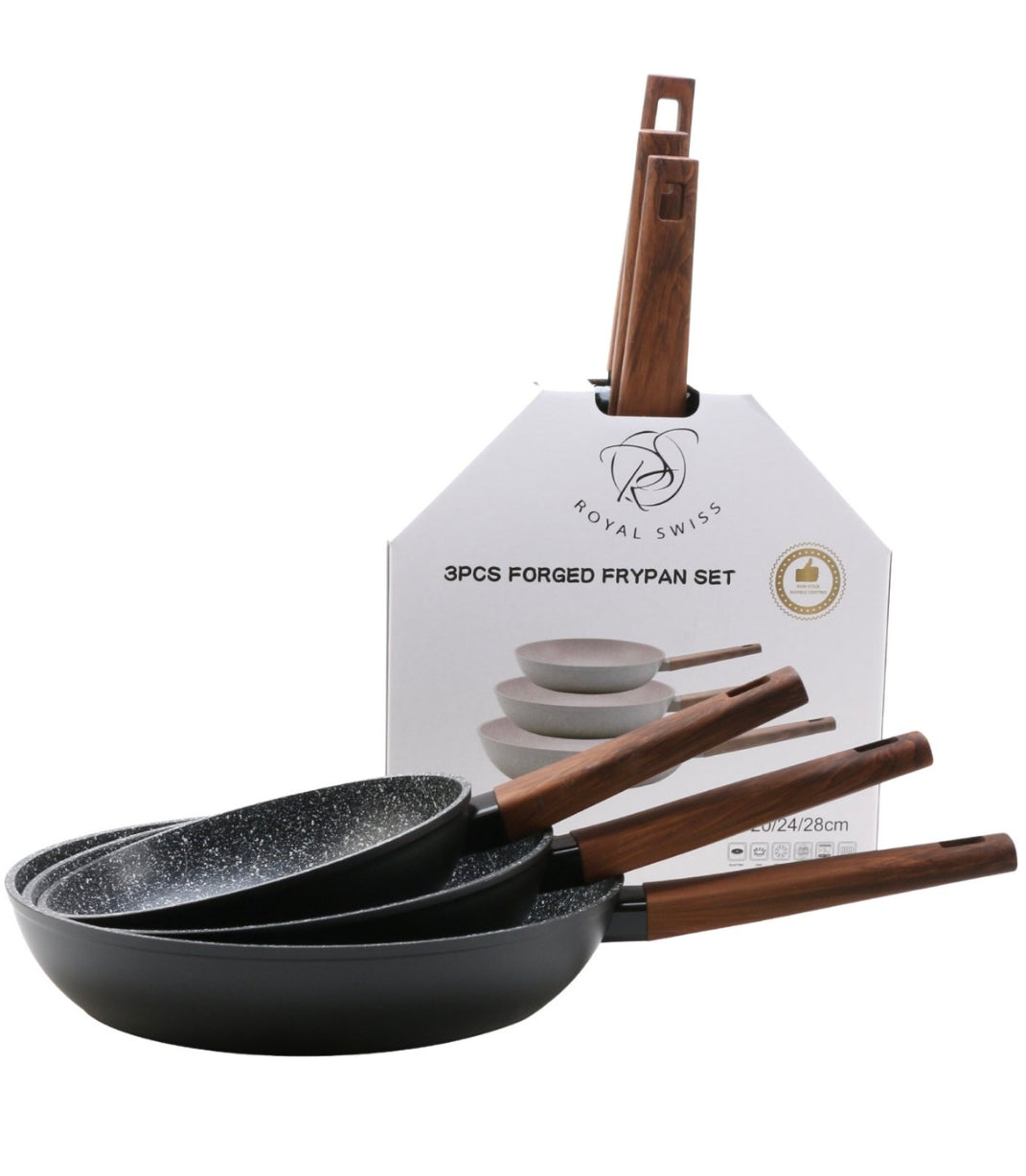 🍳 Lot de 3 Poêles Royal Swiss Antiadhésives – Induction – Beige Effet Pierre – Neuf 🍳