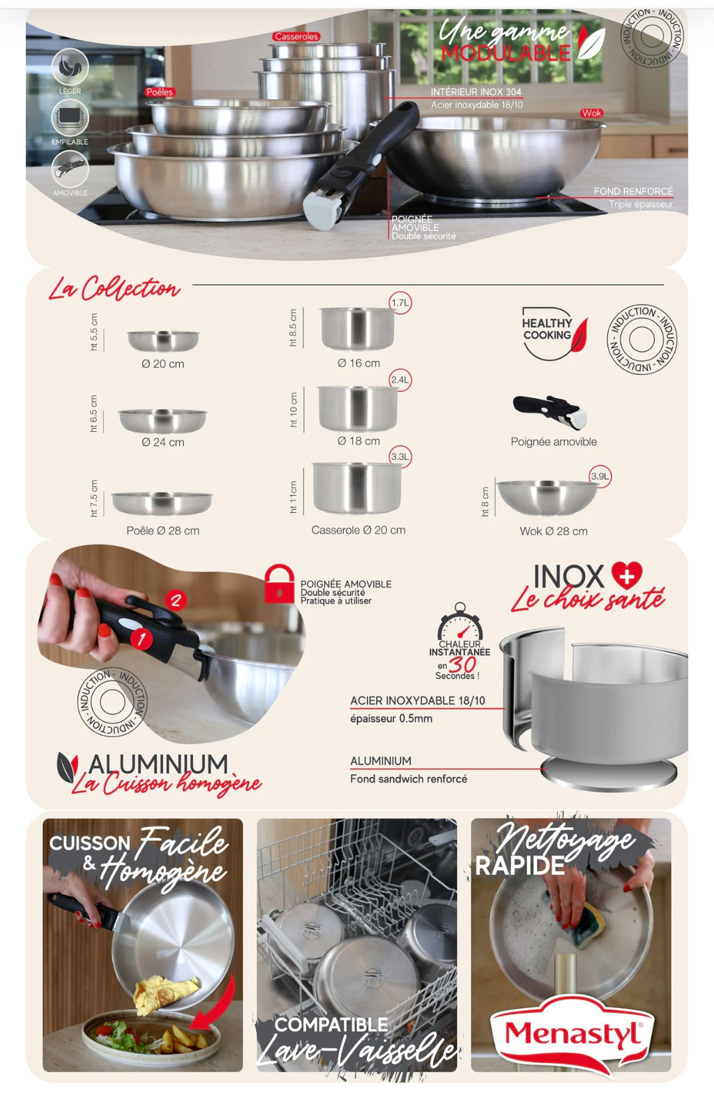 Lot de 3 Casseroles MENASTYL IRIS Inox 18/10 + Poignée Amovible – Tous Feux Induction – Neuf 🍲
